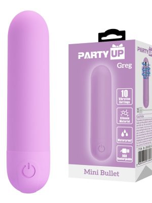 Fioletowy mini wibrator bullet Greg z 10 poziomami wibracji prezentowany obok eleganckiego pudełka marki Marie Bloom