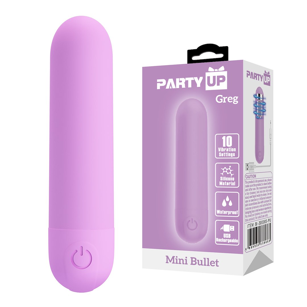 bi-300085-pu Fioletowy mini wibrator bullet Greg z 10 poziomami wibracji prezentowany obok eleganckiego pudełka marki Marie Bloom