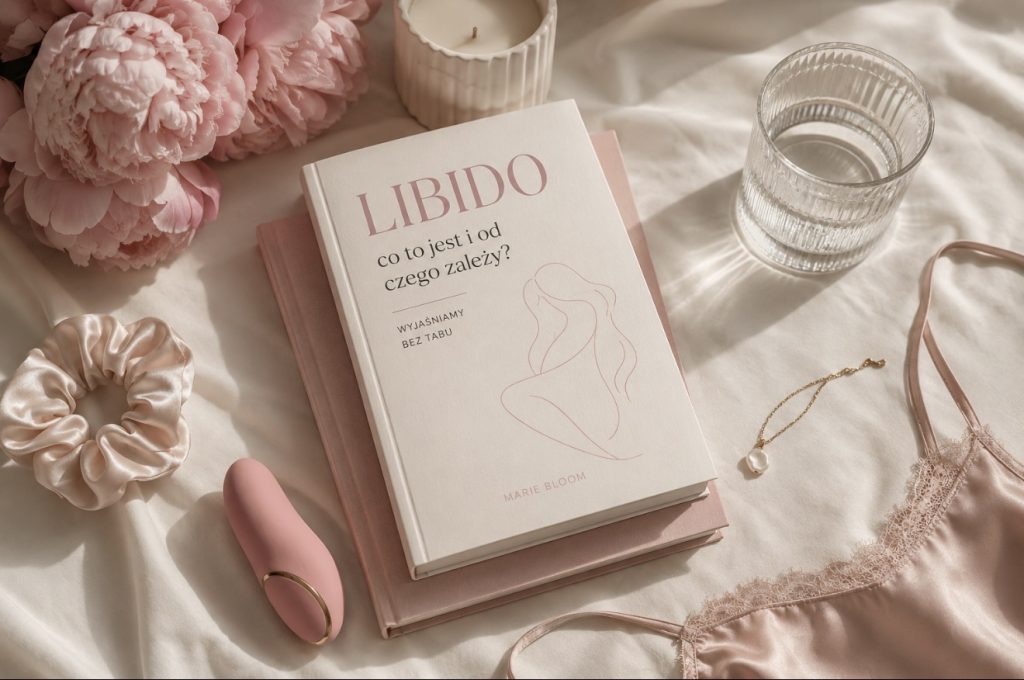 Estetyczna kompozycja w stylu clean girl na jasnym tle: książka z napisem Libido, elegancki wibrator, szklanka wody, satynowa bieliźniana koszulka, świeca i kwiaty.